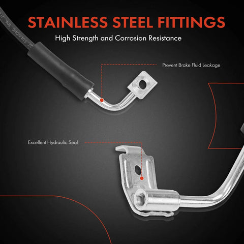 Close-up view of stainless steel fittings on Front Brake Hydraulic Hose Set For Jeep Wrangler 2008 2009 2010 Front Left And Right Hoses Heavy Duty Direct Fit For JK Series Extra Length For Lifted Suspension Pack Of 2