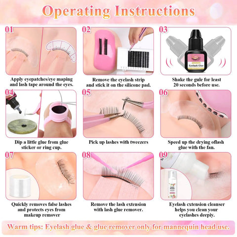 Operating instructions for All In One Beginner Lash Extension Practice Kit With Mannequin Head Starter Lash Set Including 0.07D Lashes Glue USB Fan Nano Mister Shampoo Tweezers Under Eye Pads Cleaning Tools And More For At Home Lash Training