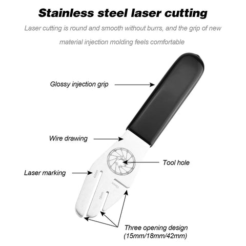 Bike Disc Rotor Alignment Tool; glossy grip, tool holes, openings 15mm 18mm 42mm, steel fork for rotor truing and wheel alignment.