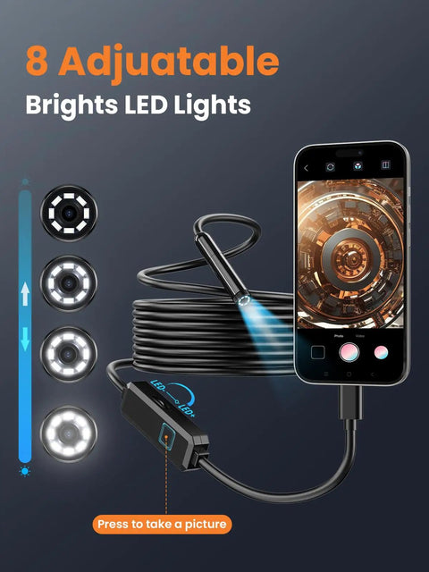 Endoscope Cam With Light 1920P Borescope Eight LED Lights 33 Ft Semi-Rigid Snake Inspection Camera IP67 Waterproof detail