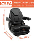 Front view of TICSEA tractor suspension seat with high back, armrests and seatbelt; 23.0x21.0x25.4 in
