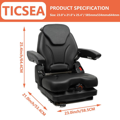 Front view of TICSEA tractor suspension seat with high back, armrests and seatbelt; 23.0x21.0x25.4 in