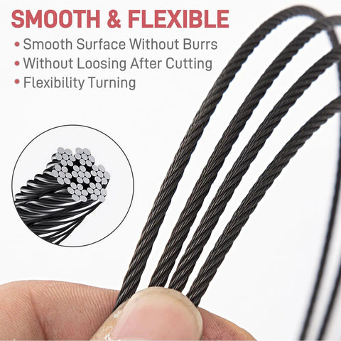 Close-up of flexible black stainless steel cable from 1000 Feet Black Stainless Steel Cable Kit for Deck Railing 1/8 Inch 7x7 Wire Rope T316
