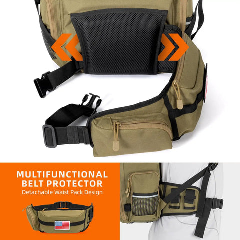Close-up of detachable waist pack on Fishing Tackle Backpack With 4 3600 Tackle Boxes Rod Holder And 43L Waterproof Large Gear Bag