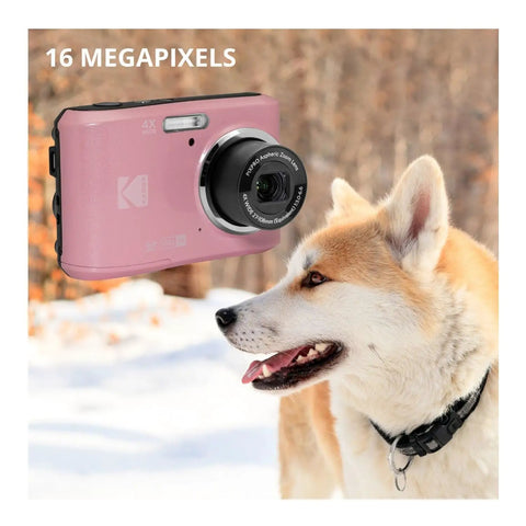 Easy Peasy Pastel Pink 16MP Point And Shoot Camera With 1080P Full HD Video Includes 128GB SD Card Compact Case And Four AA Batteries beside a corgi.