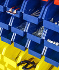 Close-up view of 90 Bin Storage Rack With Locking Casters For Garage And Workshop, showing organized small parts in bins.