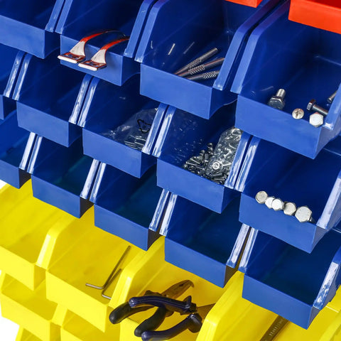Heavy Duty Double Sided Storage Rack Featuring Ninety Polypropylene Bins Plus Visible Label Tabs Designed For Garage Tool Organization Built With A Rock Solid Steel Frame Equipped With Smooth Rolling Locking Casters For Fast Shop Setups