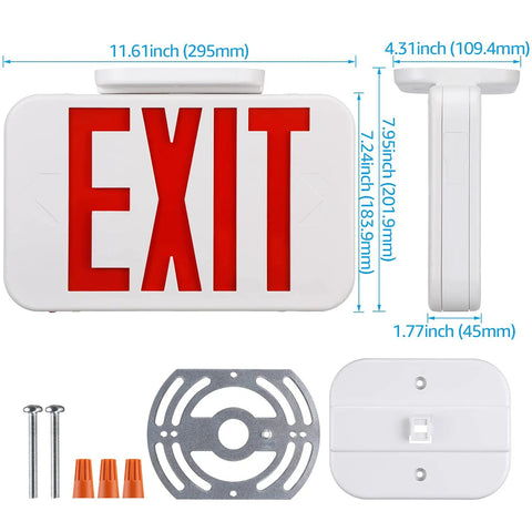 LED Emergency Exit Sign With Battery Backup Double Face Hardwired Red Exit Lights For Business Indoor Use UL 924 Approved AC 120 277V Damp Location Ready Low Maintenance Pack Of 2 showing dimensions and mounting accessories