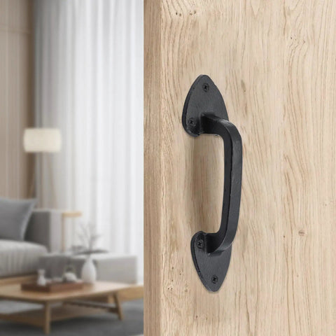 Heavy Duty Steel Barn Door Handles With Real Deal Rustic Matte Black Finish Built Tough As Nails Industrial Pulls For Sliding Gates Wood Shed Doors And Cabinet Upgrades Rock Solid For Any Handyman Project Indoors Or Outdoors mounted on a wooden door.