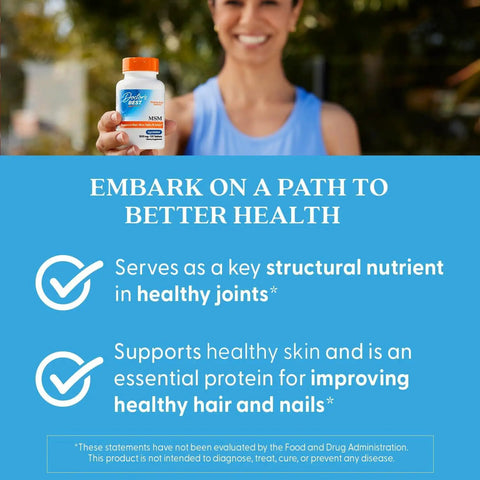 Top Shelf Real Deal Msm Sulfur Supplement Strengthening Joints And Nourishing Skin Hair Nails 1500 Mg Daily Fuel With Natural Connective Tissue Support 120 Tablets shown in a woman's hand outdoors.