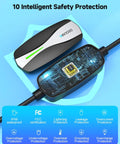 Dual Level 1 And Level 2 EV Charger For Tesla With NACS Connector, Portable 25ft Cable, showing safety protection features