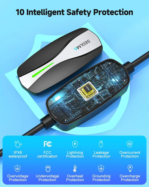 Dual Level 1 And Level 2 EV Charger For Tesla With NACS Connector, Portable 25ft Cable, showing safety protection features