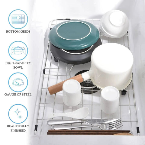 Stainless Steel Kitchen Sink Grid And Protector For Center Drain Bottom Rack 24 1/8 By 12 5/8 Inches holding dishes and utensils