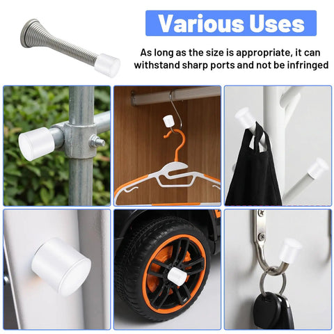 Collage showing various uses of 40 Pack Rubber Door Stop Tips And Caps 0.39 Inch Replacement Stoppers, universal white, in different settings.