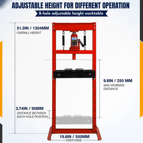 Heavy Duty 12 Ton H Frame Hydraulic Shop Press For Garage Floor Use, Adjustable Pressure With Plates, Red Finish measurements
