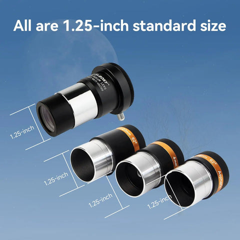 4mm 10mm 23mm Eyepiece Set with 2x Barlow Lens for 1.25 inch tubes, featuring fully coated optics and M42 thread, arranged on a blue background.