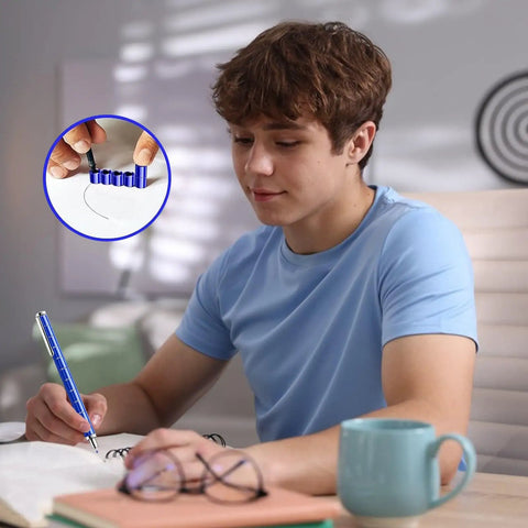 Teen using Fidget Pen For Stress Relief At Work Or School, Dope Rotating Desk Toy, blue magnetic pen on desk