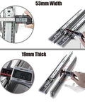 Heavy Duty Soft Close Drawer Slides 14 Inch Side Mount Telesrails shown with 53mm width and 19mm thickness measurements