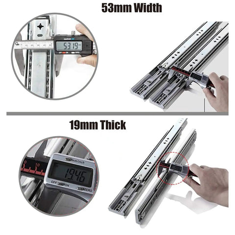 Heavy Duty Soft Close Drawer Slides 14 Inch Side Mount Telesrails shown with 53mm width and 19mm thickness measurements