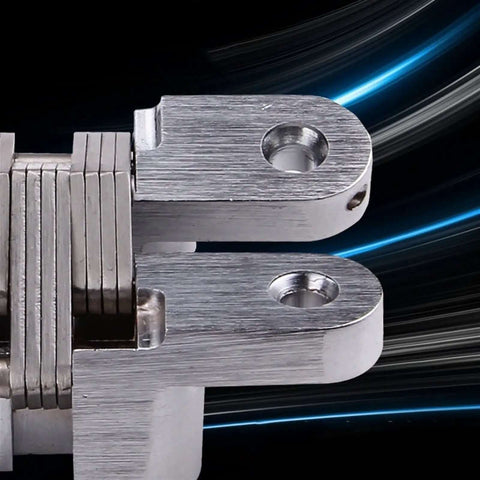 Close-up of Hidden Hinges Set 2 Pack 304 Stainless Steel discreet invisible folding door hinges for cabinets and kitchen furniture