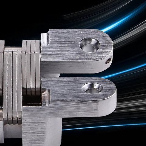 Close-up of Top Shelf 2 Piece 304 Stainless Steel Hidden Cabinet Hinges for Kitchen Furniture with smooth finish.