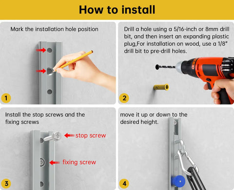 Installation guide for Heavy Duty Wall Mount Resistance Band Anchor Track with steps for secure fitting.