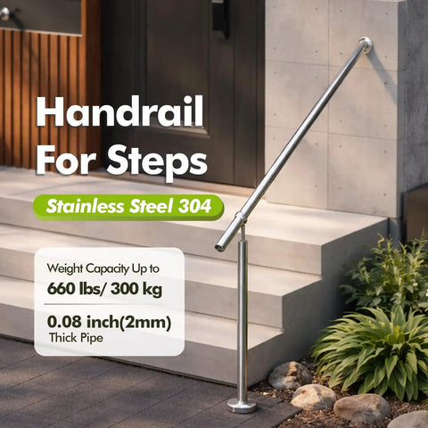 Tough As Nails Stainless Steel 304 Hand Rail For Steps And Porch Safety Grab Bar Wall Mount Single Post Stair Railing Kit Indoors Out Solid No Slip Feel For Seniors And Crew on steps with plants.