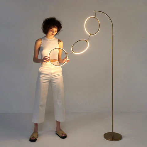 Antique Brass 74 Inch Industrial LED Floor Lamp With Arch Design Three Light Heads Energy Efficient Built In 3 Way Dimmer