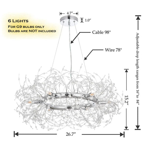 Modern Crystal Firework Chandelier Pendant Light with 26.7-inch round chrome fixture, adjustable drop from 16 to 84 inches.