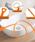 Flexible Drain Snake And Clog Remover 3 Pack Yanks Hair And Gunk Right Out Of Kitchen Sink Bathtub Shower Pipe, orange design with flexible handle.