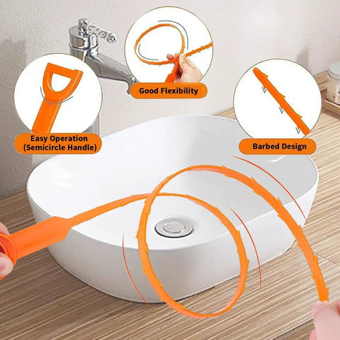 Flexible Drain Snake And Clog Remover 3 Pack Yanks Hair And Gunk Right Out Of Kitchen Sink Bathtub Shower Pipe, orange design with flexible handle.