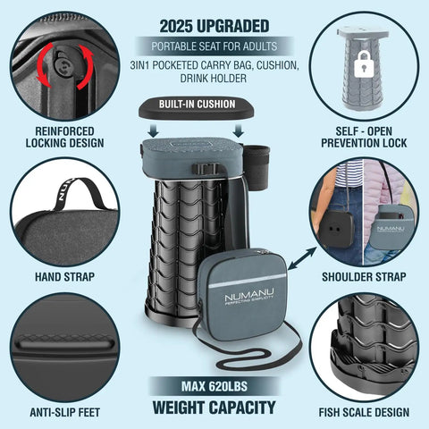 Square Upgraded Dope Collapsible Stool With 3 In 1 Cushioned Carry Bag, blue collapsible stool with locking design and carry case.