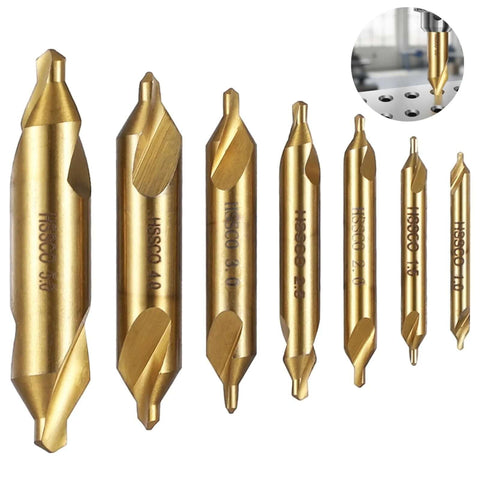 Joyoolife 7-piece A-type M35 cobalt HSS center drill bit set, gold titanium-coated, front view