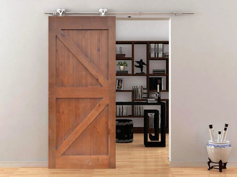 Apex Stainless Steel Sliding Barn Door Hardware Kit 8 Foot Track Double Door Kit With Top Mount Rollers in modern home