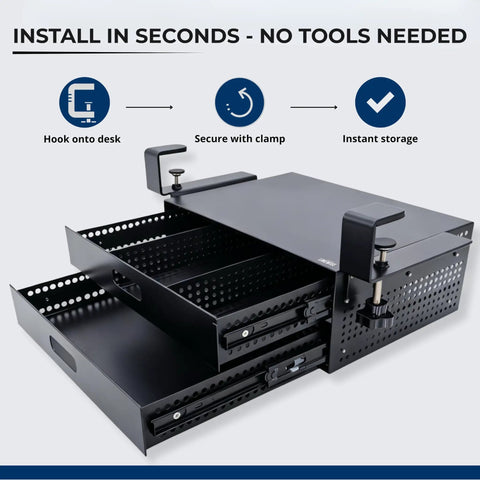 Heavy Duty Carbon Steel Clamp On Under Desk Slide Out Tray with dual drawers and clamps for easy installation