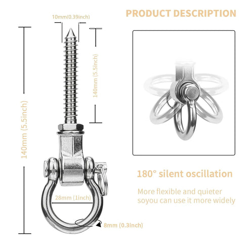 Beefy Heavy Duty Swing Hangers With Quiet Bearings showing dimensions and 180-degree rotation capability, anti-rust steel.