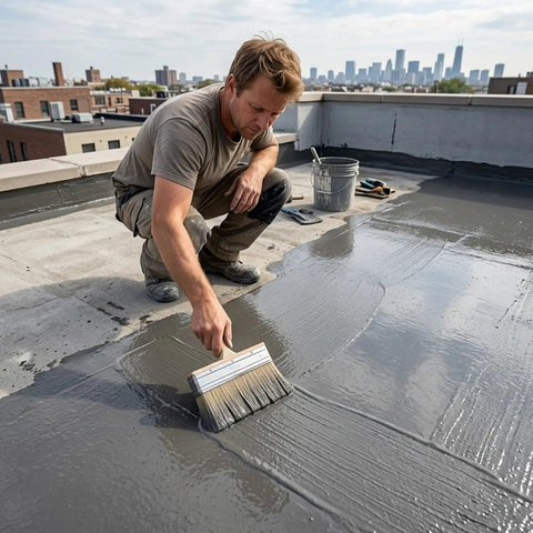 Applying Heavy Duty Polymer Cement Concrete Waterproof Coating Stops Leaks Cold On Roofs And Basements Fast Drying 16 Oz.