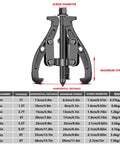 Badass Heavy Duty Two Or Three Jaw Reversible Gear Puller with specifications showing dimensions and screw diameter for easy extraction.