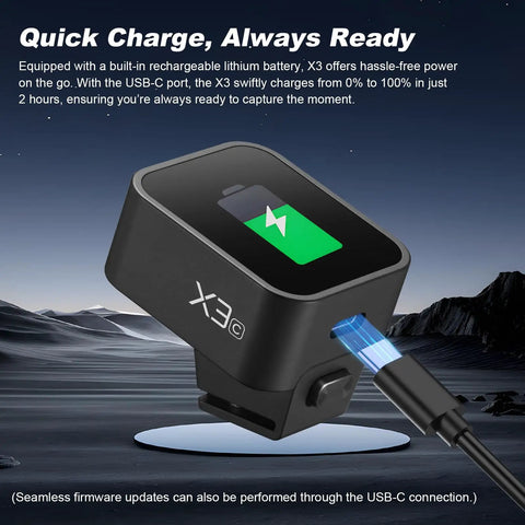 X3C TTL Wireless Flash Trigger For Canon With OLED touchscreen and USB-C charging cable on outdoor background