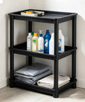 Tough As Nails 3 Tier Plastic Storage Shelves, freestanding organizer holding cleaning supplies in black.