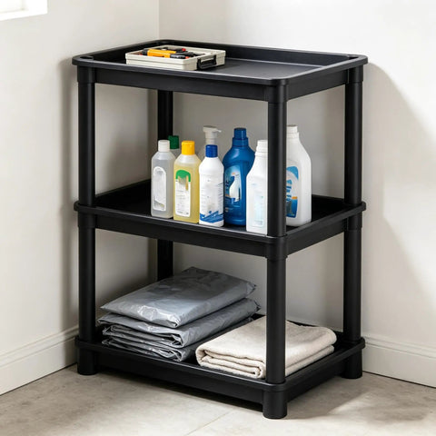 Tough As Nails 3 Tier Plastic Storage Shelves, freestanding organizer holding cleaning supplies in black.