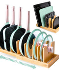 Expandable Bamboo Pots And Pans Organizer Under Cabinet With Adjustable Lids Rack For Bakeware Cutting Boards And Cookie Sheets Kitchen Tray Storage In Natural Finish, front view with pans and trays.
