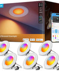 Slick Six Inch Smart Retrofit Recessed Can Lights With Wifi Direct Connect Pushing One Thousand Lumens Fully Dimmable Led Downlights Matching Any Vibe And Hooking Up Smoothly With Voice Controls For Straight Up Clean Setup Six Pack, displayed with app control and packaging.