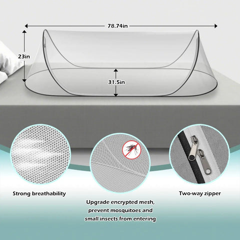 Ultra Lightweight Pop Up Mosquito Net Bed Tent, Breathable Soft Mesh, Foldable And Durable Design with dimensions 78.7x31.5x23 in