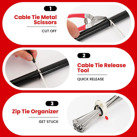 Workhorse Heavy Duty Stainless Steel Cable Tie Gun Set With 150 Self Locking Zip Ties And Cutter Kit showing cutting and organizing tools