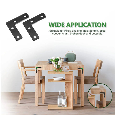 20 Pack L Shaped Flat Mending Plates 50mm By 50mm Right Angle Corner Braces For Photo Frames Black Stainless Steel Beefy Rustproof Frame Brackets With Screws Heavy Duty Wood Metal Repair Clips shown installed on wooden dining table for reinforcement