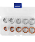 100 Piece Oil Drain Plug Crush Washer Kit Copper And Aluminum 10 12 14 16 18mm Set with organized washers in a plastic case.