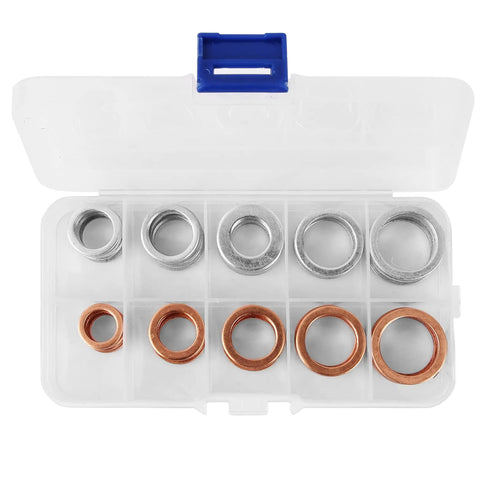 100 Piece Oil Drain Plug Crush Washer Kit Copper And Aluminum 10 12 14 16 18mm Set with organized washers in a plastic case.