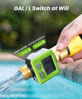 Water Flow Meter With Brass Body For Outdoor Garden Hose, showing real-time flow and unit switch feature.