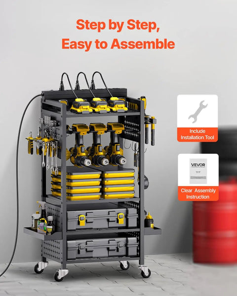 5 Tier Tool Cart With Charging Station And Eight Outlet Bank On Wheels Mobile Drill Holder And Battery Storage Rack For Garage And Workshop Organization